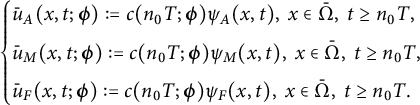 StartLayout 1st Row StartLayout Enlarged left brace 1st Row ModifyingAbove u With bar Subscript upper A Baseline left parenthesis x comma t semicolon bold italic phi right parenthesis colon equals c left parenthesis n 0 upper T semicolon bold italic phi right parenthesis psi Subscript upper A Baseline left parenthesis x comma t right parenthesis comma x element of normal upper Omega overbar comma t greater than or equals n 0 upper T comma 2nd Row ModifyingAbove u With bar Subscript upper M Baseline left parenthesis x comma t semicolon bold italic phi right parenthesis colon equals c left parenthesis n 0 upper T semicolon bold italic phi right parenthesis psi Subscript upper M Baseline left parenthesis x comma t right parenthesis comma x element of normal upper Omega overbar comma t greater than or equals n 0 upper T comma 3rd Row ModifyingAbove u With bar Subscript upper F Baseline left parenthesis x comma t semicolon bold italic phi right parenthesis colon equals c left parenthesis n 0 upper T semicolon bold italic phi right parenthesis psi Subscript upper F Baseline left parenthesis x comma t right parenthesis comma x element of normal upper Omega overbar comma t greater than or equals n 0 upper T period EndLayout EndLayout