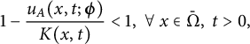 1 minus StartFraction u Subscript upper A Baseline left parenthesis x comma t semicolon bold italic phi right parenthesis Over upper K left parenthesis x comma t right parenthesis EndFraction less than 1 comma for all x element of normal upper Omega overbar comma t greater than 0 comma