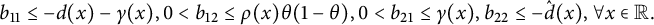 StartLayout 1st Row b 11 less than or equals minus d left parenthesis x right parenthesis minus gamma left parenthesis x right parenthesis comma 0 less than b 12 less than or equals rho left parenthesis x right parenthesis theta left parenthesis 1 minus theta right parenthesis comma 0 less than b 21 less than or equals gamma left parenthesis x right parenthesis comma b 22 less than or equals minus ModifyingAbove d With caret left parenthesis x right parenthesis comma for all x element of double struck upper R period EndLayout