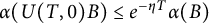 alpha left parenthesis upper U left parenthesis upper T comma 0 right parenthesis upper B right parenthesis less than or equals e Superscript minus eta upper T Baseline alpha left parenthesis upper B right parenthesis