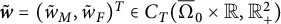 bold italic w overtilde equals left parenthesis w overtilde Subscript upper M Baseline comma w overtilde Subscript upper F Baseline right parenthesis Superscript upper T Baseline element of upper C Subscript upper T Baseline left parenthesis normal upper Omega overbar Subscript 0 Baseline times double struck upper R comma double struck upper R Subscript plus Superscript 2 Baseline right parenthesis