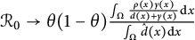 script upper R 0 right arrow theta left parenthesis 1 minus theta right parenthesis StartFraction integral Underscript normal upper Omega Endscripts StartFraction rho left parenthesis x right parenthesis gamma left parenthesis x right parenthesis Over d left parenthesis x right parenthesis plus gamma left parenthesis x right parenthesis EndFraction d x Over integral Underscript normal upper Omega Endscripts ModifyingAbove d With caret left parenthesis x right parenthesis d x EndFraction