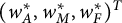 left parenthesis w Subscript upper A Superscript asterisk Baseline comma w Subscript upper M Superscript asterisk Baseline comma w Subscript upper F Superscript asterisk Baseline right parenthesis Superscript upper T