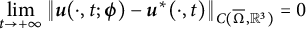 limit Underscript t right arrow plus infinity Endscripts StartMetric bold italic u left parenthesis dot comma t semicolon bold italic phi right parenthesis minus bold italic u Superscript asterisk Baseline left parenthesis dot comma t right parenthesis EndMetric Subscript upper C left parenthesis normal upper Omega overbar comma double struck upper R cubed right parenthesis Baseline equals 0