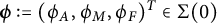 bold italic phi colon equals left parenthesis phi Subscript upper A Baseline comma phi Subscript upper M Baseline comma phi Subscript upper F Baseline right parenthesis Superscript upper T element of normal upper Sigma left parenthesis 0 right parenthesis