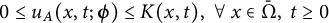0 less than or equals u Subscript upper A Baseline left parenthesis x comma t semicolon bold italic phi right parenthesis less than or equals upper K left parenthesis x comma t right parenthesis comma for all x element of normal upper Omega overbar comma t greater than or equals 0