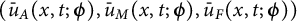 left parenthesis ModifyingAbove u With bar Subscript upper A Baseline left parenthesis x comma t semicolon bold italic phi right parenthesis comma ModifyingAbove u With bar Subscript upper M Baseline left parenthesis x comma t semicolon bold italic phi right parenthesis comma ModifyingAbove u With bar Subscript upper F Baseline left parenthesis x comma t semicolon bold italic phi right parenthesis right parenthesis