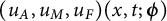 left parenthesis u Subscript upper A Baseline comma u Subscript upper M Baseline comma u Subscript upper F Baseline right parenthesis left parenthesis x comma t semicolon bold italic phi right parenthesis