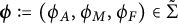 bold italic phi colon equals left parenthesis phi Subscript upper A Baseline comma phi Subscript upper M Baseline comma phi Subscript upper F Baseline right parenthesis element of normal upper Sigma overtilde