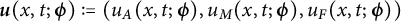 bold italic u left parenthesis x comma t semicolon bold italic phi right parenthesis colon equals left parenthesis u Subscript upper A Baseline left parenthesis x comma t semicolon bold italic phi right parenthesis comma u Subscript upper M Baseline left parenthesis x comma t semicolon bold italic phi right parenthesis comma u Subscript upper F Baseline left parenthesis x comma t semicolon bold italic phi right parenthesis right parenthesis