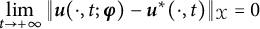 limit Underscript t right arrow plus infinity Endscripts StartMetric bold italic u left parenthesis dot comma t semicolon bold italic phi right parenthesis minus bold italic u Superscript asterisk Baseline left parenthesis dot comma t right parenthesis EndMetric Subscript script upper X Baseline equals 0