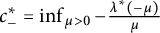 c Subscript minus Superscript asterisk Baseline equals inf Underscript mu greater than 0 Endscripts minus StartFraction lamda Superscript asterisk Baseline left parenthesis negative mu right parenthesis Over mu EndFraction