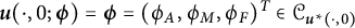 bold italic u left parenthesis dot comma 0 semicolon bold italic phi right parenthesis equals bold italic phi equals left parenthesis phi Subscript upper A Baseline comma phi Subscript upper M Baseline comma phi Subscript upper F Baseline right parenthesis Superscript upper T Baseline element of script upper C Subscript bold italic u Sub Superscript asterisk Subscript left parenthesis dot comma 0 right parenthesis