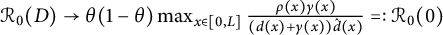 script upper R 0 left parenthesis upper D right parenthesis right arrow theta left parenthesis 1 minus theta right parenthesis max Underscript x element of left bracket 0 comma upper L right bracket Endscripts StartFraction rho left parenthesis x right parenthesis gamma left parenthesis x right parenthesis Over left parenthesis d left parenthesis x right parenthesis plus gamma left parenthesis x right parenthesis right parenthesis ModifyingAbove d With caret left parenthesis x right parenthesis EndFraction equals colon script upper R 0 left parenthesis 0 right parenthesis