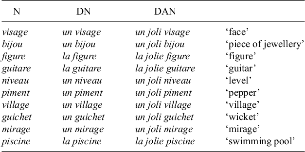 A four-column table listing two-syllable French nouns, their definite and adjective forms, and English translations. See long description.