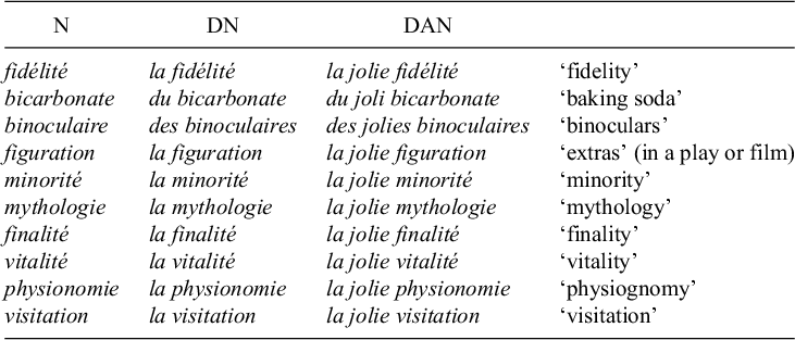 A four-column table listing French four-syllable nouns, their definite and definite plus adjective forms, and English translations. See long description.