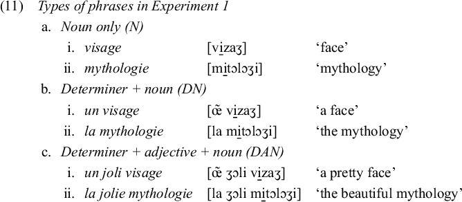 A linguistic table titled 11 Types of phrases in Experiment 1. It categorizes French phrases into Noun only, Determiner plus noun, and Determiner plus adjective plus noun with I P A transcriptions and English translations.