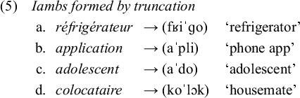 Linguistic list titled 5 Iambs formed by truncation. It shows four French words a. réfrigérateur, b. application, c. adolescent, and d. colocataire mapping to phonetic iambic forms and their English translations.