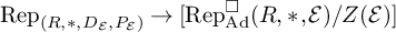 upper R e p Subscript left parenthesis upper R comma asterisk comma upper D Sub Subscript script upper E Subscript comma upper P Sub Subscript script upper E Subscript right parenthesis Baseline right arrow left bracket upper R e p Subscript upper A d Superscript white medium square Baseline left parenthesis upper R comma asterisk comma script upper E right parenthesis divided by upper Z left parenthesis script upper E right parenthesis right bracket