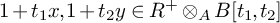 1 plus t 1 x comma 1 plus t 2 y element of upper R Superscript plus Baseline circled times Subscript upper A Baseline upper B left bracket t 1 comma t 2 right bracket