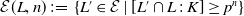 script upper E left parenthesis upper L comma n right parenthesis colon equals StartSet upper L prime element of script upper E vertical bar left bracket upper L prime intersection upper L colon upper K right bracket greater than or equals p Superscript n Baseline EndSet