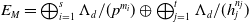 upper E Subscript upper M Baseline equals circled plus Underscript i equals 1 Overscript s Endscripts normal upper Lamda Subscript d Baseline divided by left parenthesis p Superscript m Super Subscript i Superscript Baseline right parenthesis circled plus circled plus Underscript j equals 1 Overscript t Endscripts normal upper Lamda Subscript d Baseline divided by left parenthesis h Subscript j Superscript n Super Subscript j Superscript Baseline right parenthesis