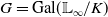 upper G equals Gal left parenthesis double struck upper L Subscript normal infinity Baseline divided by upper K right parenthesis