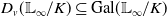 upper D Subscript v Baseline left parenthesis double struck upper L Subscript normal infinity Baseline divided by upper K right parenthesis subset of or equal to Gal left parenthesis double struck upper L Subscript normal infinity Baseline divided by upper K right parenthesis
