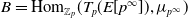 upper B equals hom Subscript double struck upper Z Sub Subscript p Baseline left parenthesis upper T Subscript p Baseline left parenthesis upper E left bracket p Superscript normal infinity Baseline right bracket right parenthesis comma mu Subscript p Sub Superscript normal infinity Subscript Baseline right parenthesis