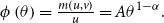 phi left parenthesis theta right parenthesis equals StartFraction m left parenthesis u comma v right parenthesis Over u EndFraction equals upper A theta Superscript 1 minus alpha Baseline period