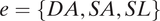 e equals StartSet upper D upper A comma upper S upper A comma upper S upper L EndSet