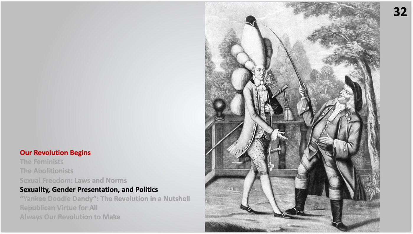 Slide with text and an 18th-century cartoon of two men in exaggerated attire.