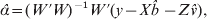 \hat{\alpha } \equals \lpar W\hskip1pt \prime W\rpar ^{ \minus \setnum{1}} W\hskip1pt\prime\lpar y \minus X\hats{b}\, \minus Z\hat{v}\rpar \comma