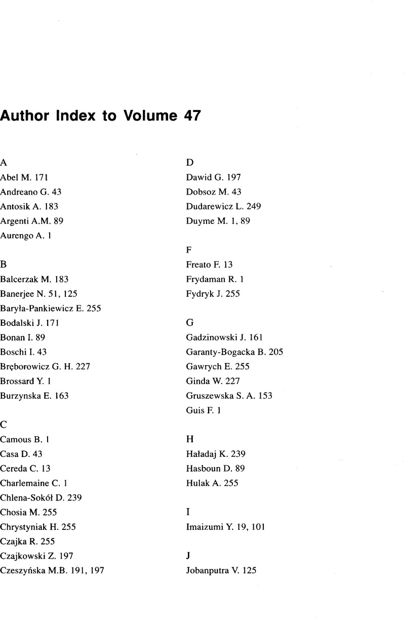 Author Index To Volume 47 Acta Geneticae Medicae Et Gemellologiae Twin Research Cambridge Core