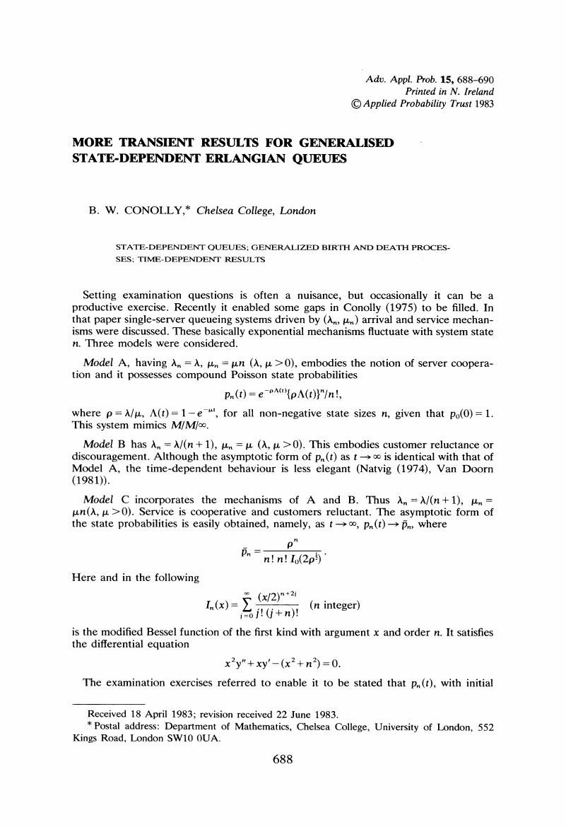 More Transient Results For Generalised State Dependent Erlangian Queues Advances In Applied Probability Cambridge Core