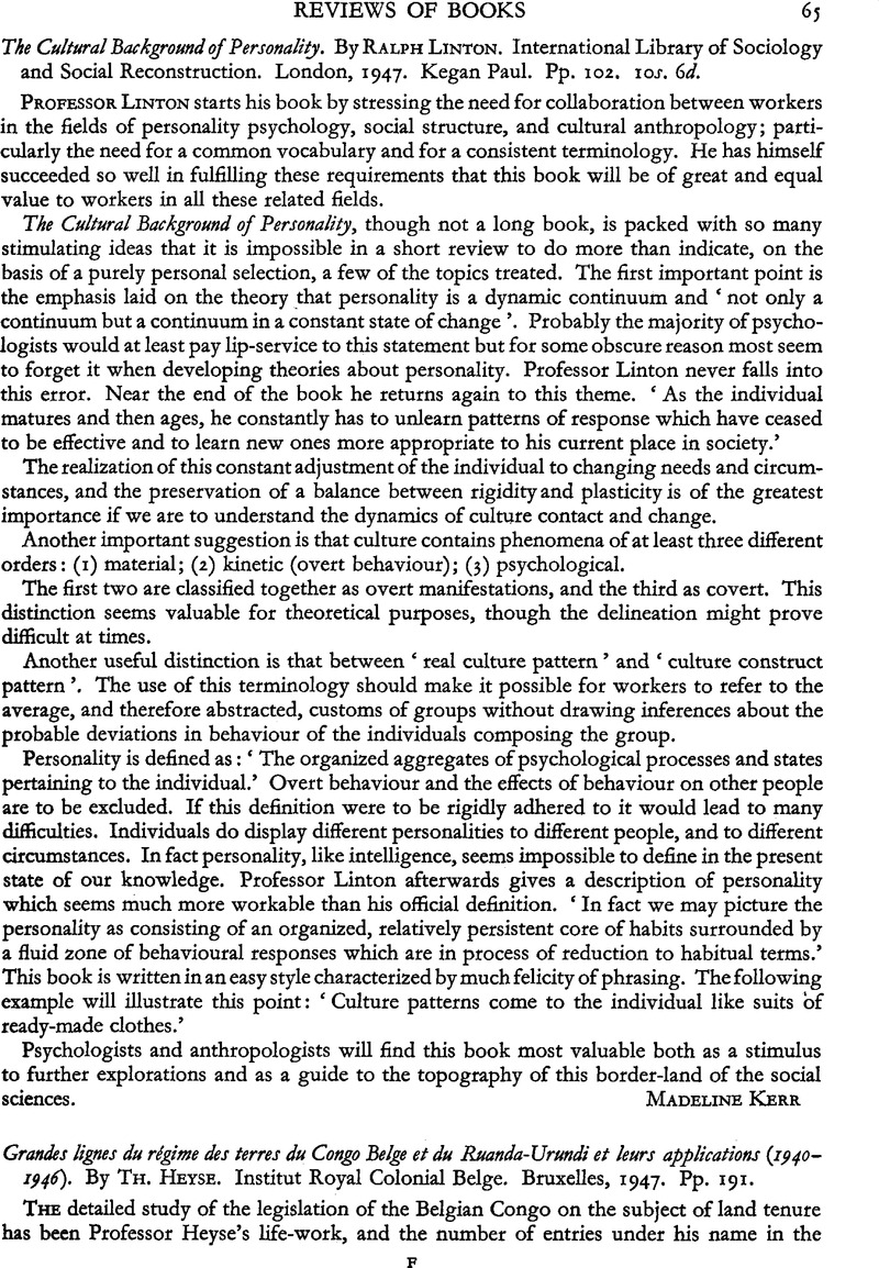 The Cultural Background of Personality. By Ralph Linton. International  Library of Sociology and Social Reconstruction. London, 1947. Kegan Paul.  Pp. 102. 10s. 6d. | Africa | Cambridge Core