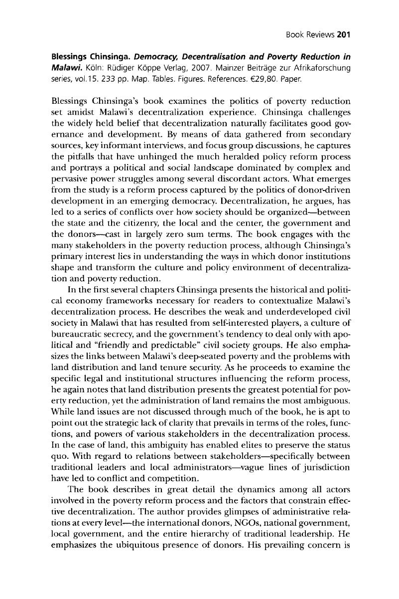 Blessings Chinsinga Democracy Decentralisation And Poverty Reduction In Malawi Koln Rudiger Koppe Verlag 07 Mainzer Beitrage Zur Afrikaforschung Series Vol 15 233 Pp Map Tables Figures References 29 80 Paper African Studies Review