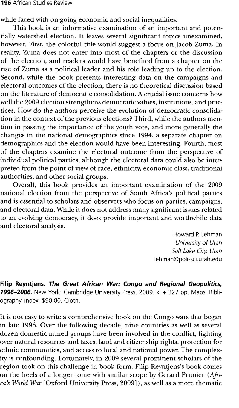 The Great African War 1996-2006 Congo and Regional Geopolitics 
