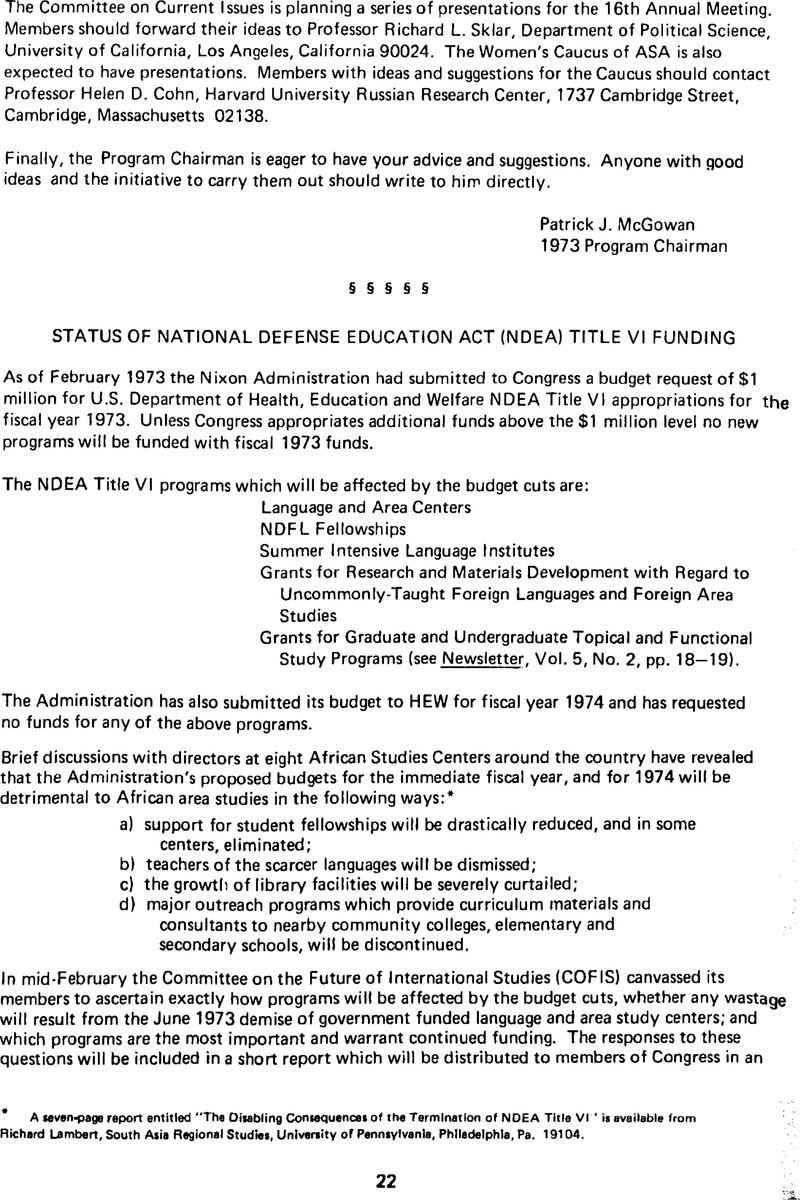 Status of National Defense Education Act (NDEA) Title VI Funding
