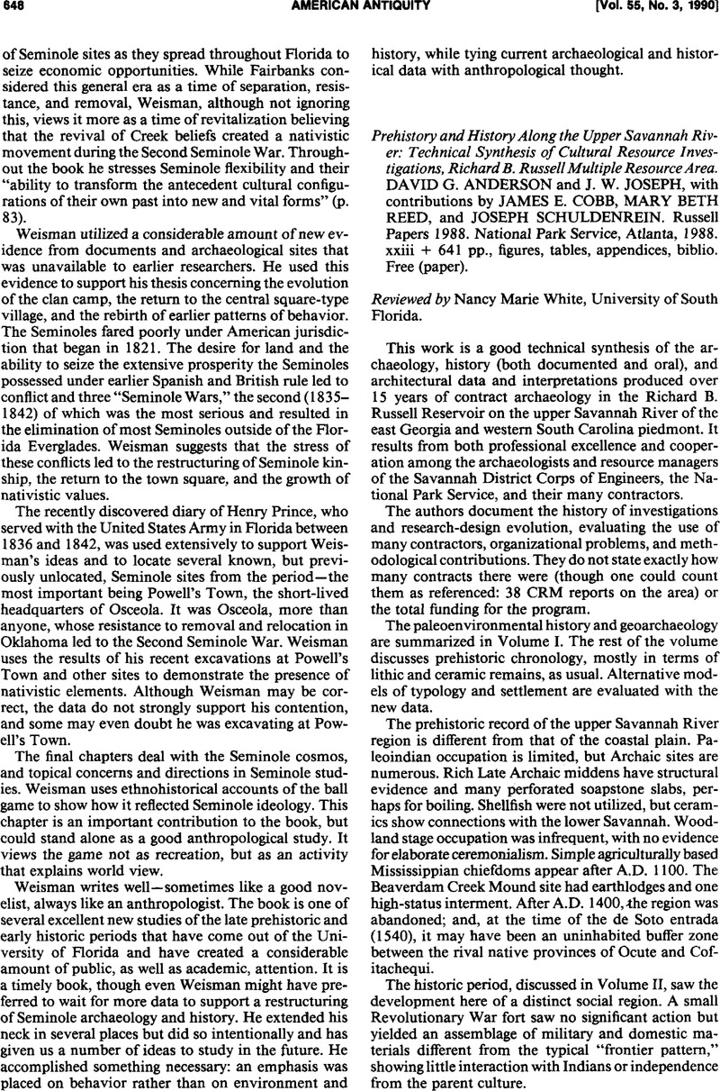 Prehistory And History Along The Upper Savannah River Technical Synthesis Of Cultural Resource Investigations Richard B Russell Multiple Resource Area David G Anderson And J W Joseph With Contributions By James E