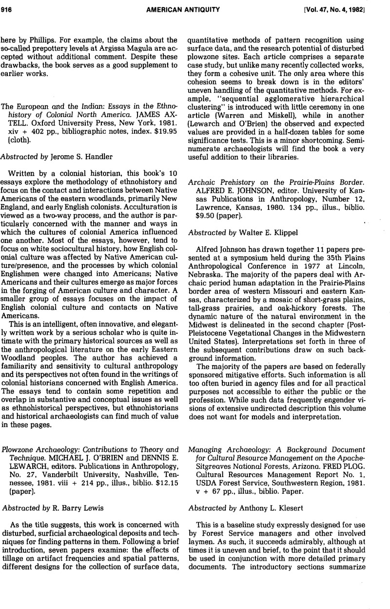 Plowzone Archaeology Contributions To Theory And Technique Michael J O Brien And Dennis E Lewarch Editors Publications In Anthropology No 27 Vanderbilt University Nashville Tennessee 1981 Viii 214 Pp Illus Biblio 12 15