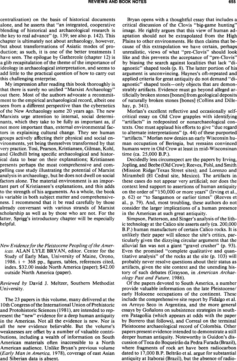 New Evidence For The Pleistocene Peopling Of The Americas Alan Lyle Bryan Editor Center For The Study Of Early Man University Of Maine Orono 1986 I 368 Pp Figures Tables References