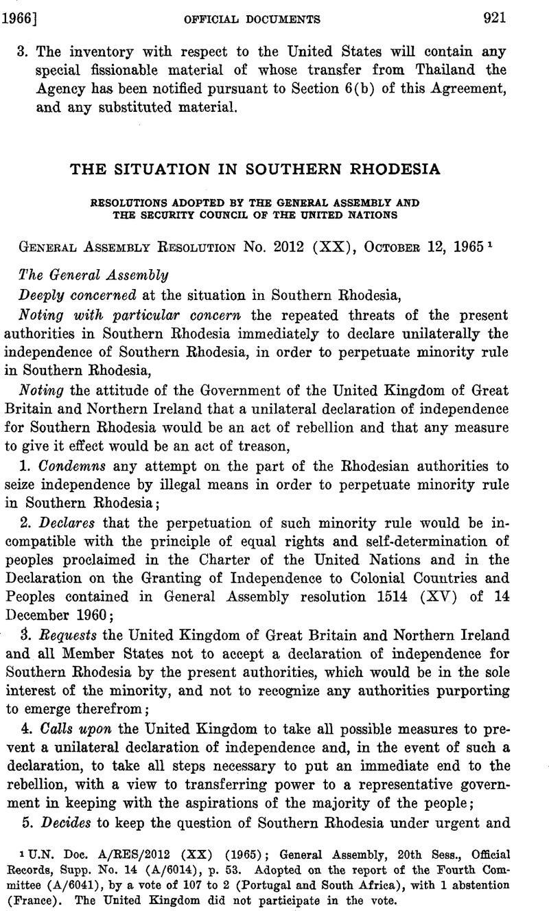 The Situation In Southern Rhodesia Resolutions Adopted By The General Assembly And The Security Council Of The United Nations American Journal Of International Law Cambridge Core