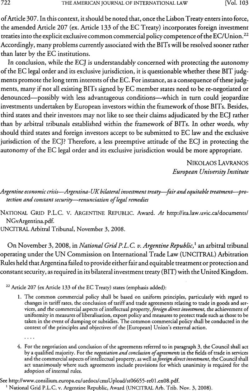 National Grid P L C V Argentine Republic American Journal Of International Law Cambridge Core