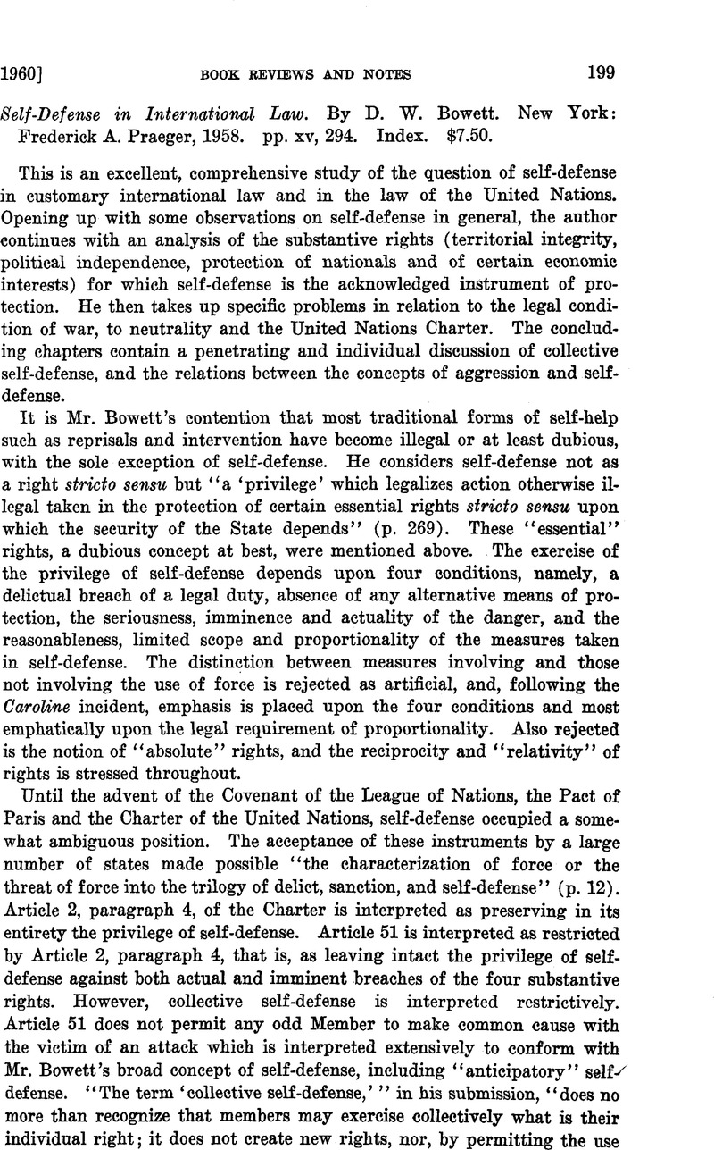 Self Defense In International Law By D W Bowett New York Frederick A Praeger 1958 Pp Xv 294 Index 7 50 American Journal Of International Law Cambridge Core