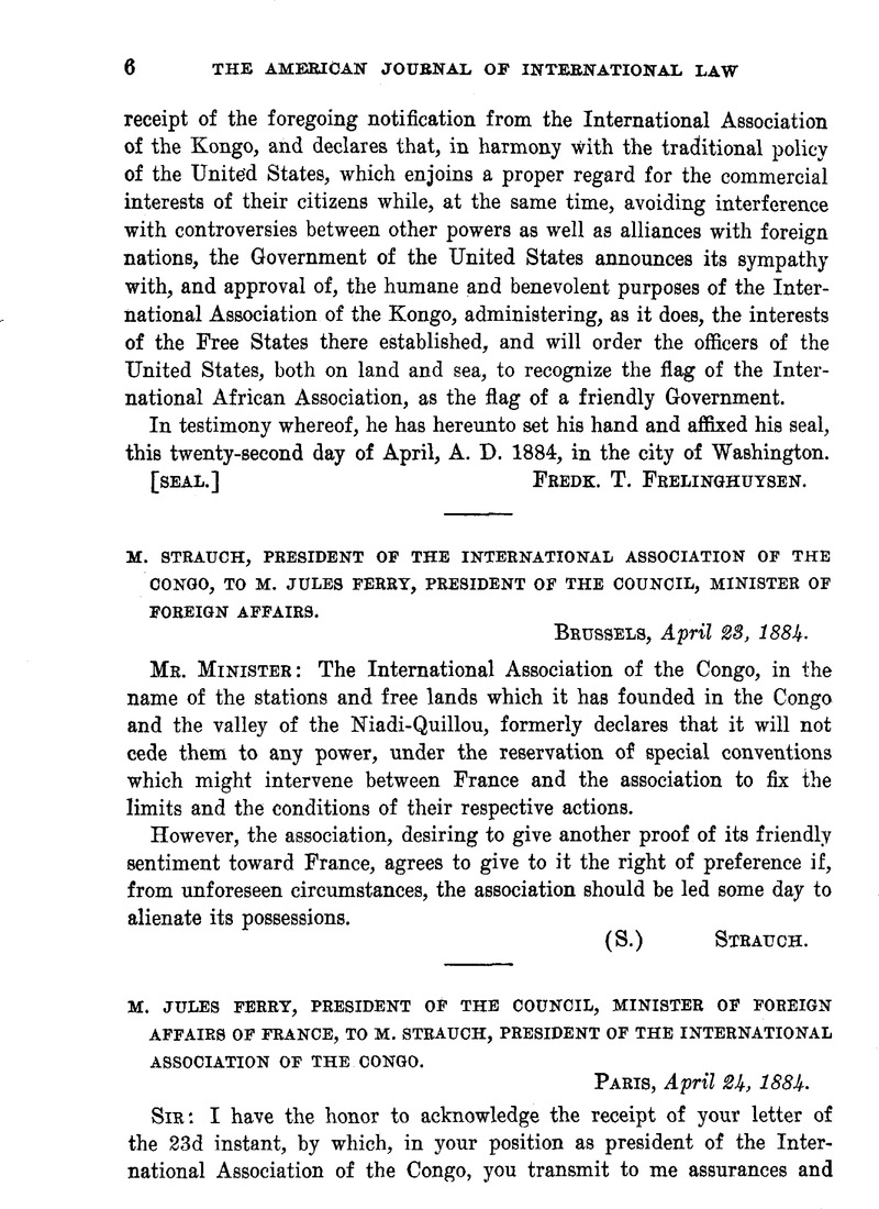 M Strauch President Of The International Association Of The Congo To M Jules Ferry President Of The Council Minister Of Foreign Affairs Brussels April 28 14 American Journal Of International Law Cambridge Core