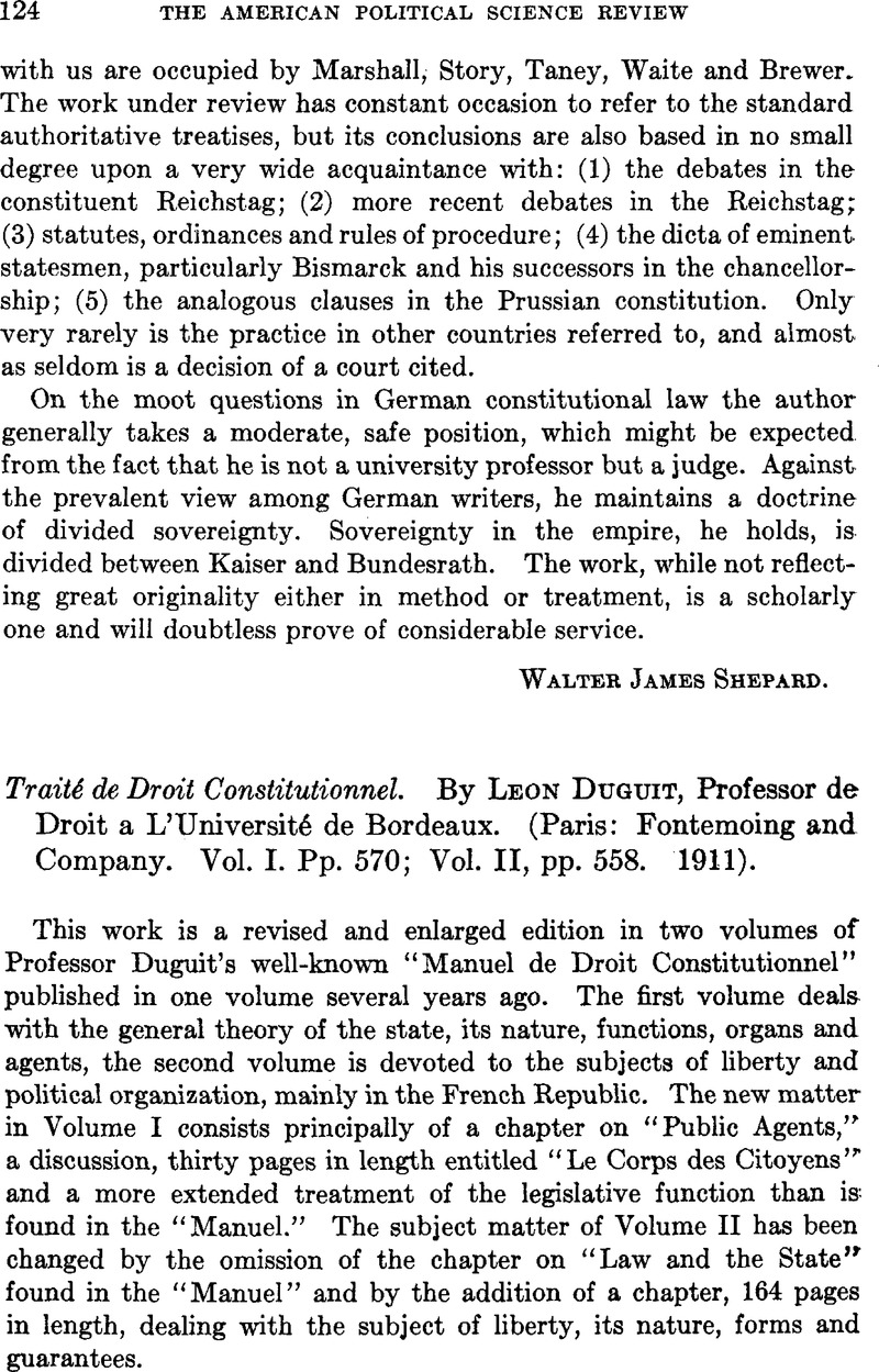 Traite De Droit Constitutionnel By Leon Duguit Professor De Droit A L Universite De Bordeaux Paris Fontemoing And Company Vol I Pp 570 Vol Ii Pp 558 1911 American Political Science Review Cambridge Core