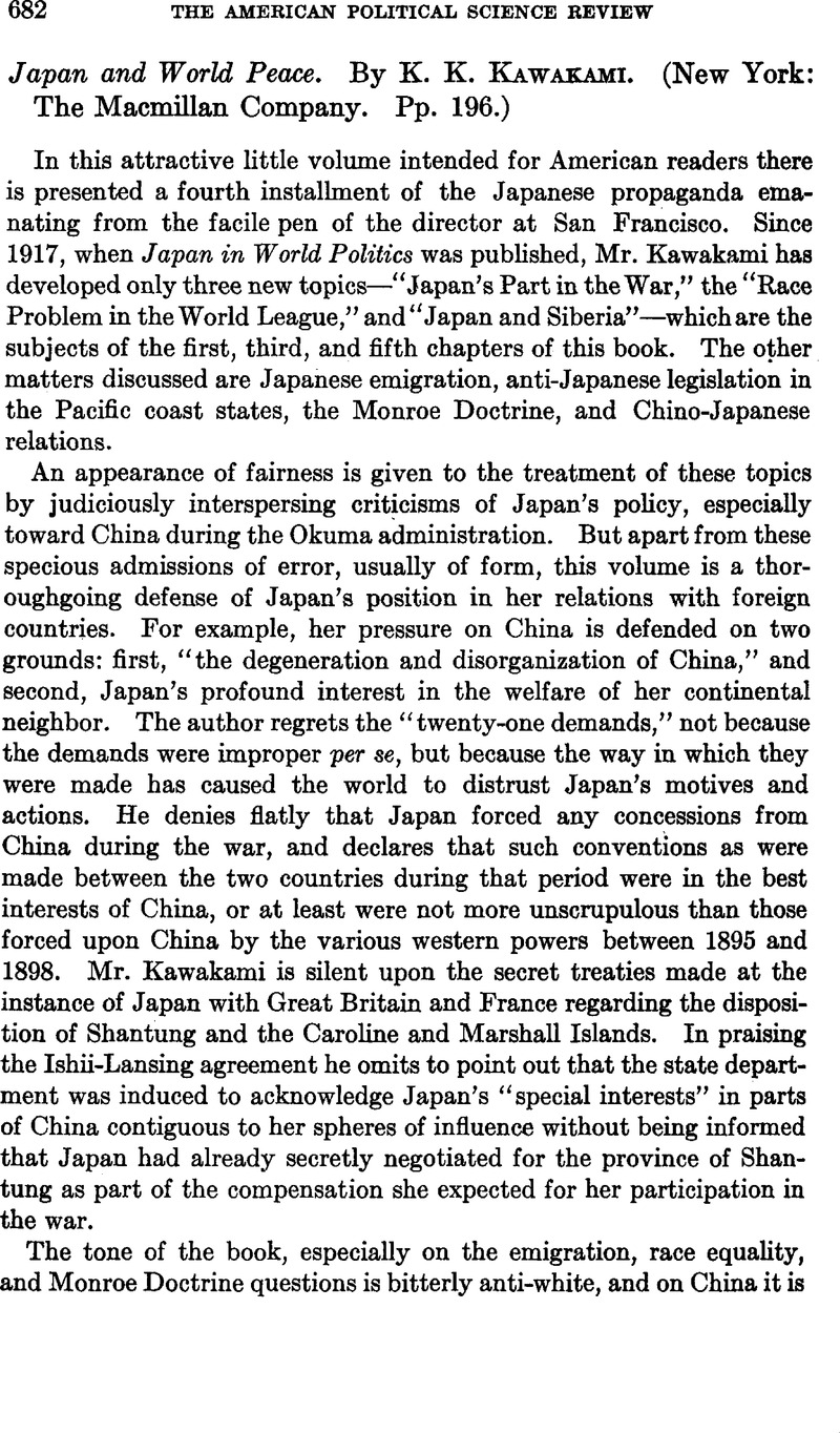 Japan And World Peace By K K Kawakami New York The Macmillan Company Pp 196 American Political Science Review Cambridge Core