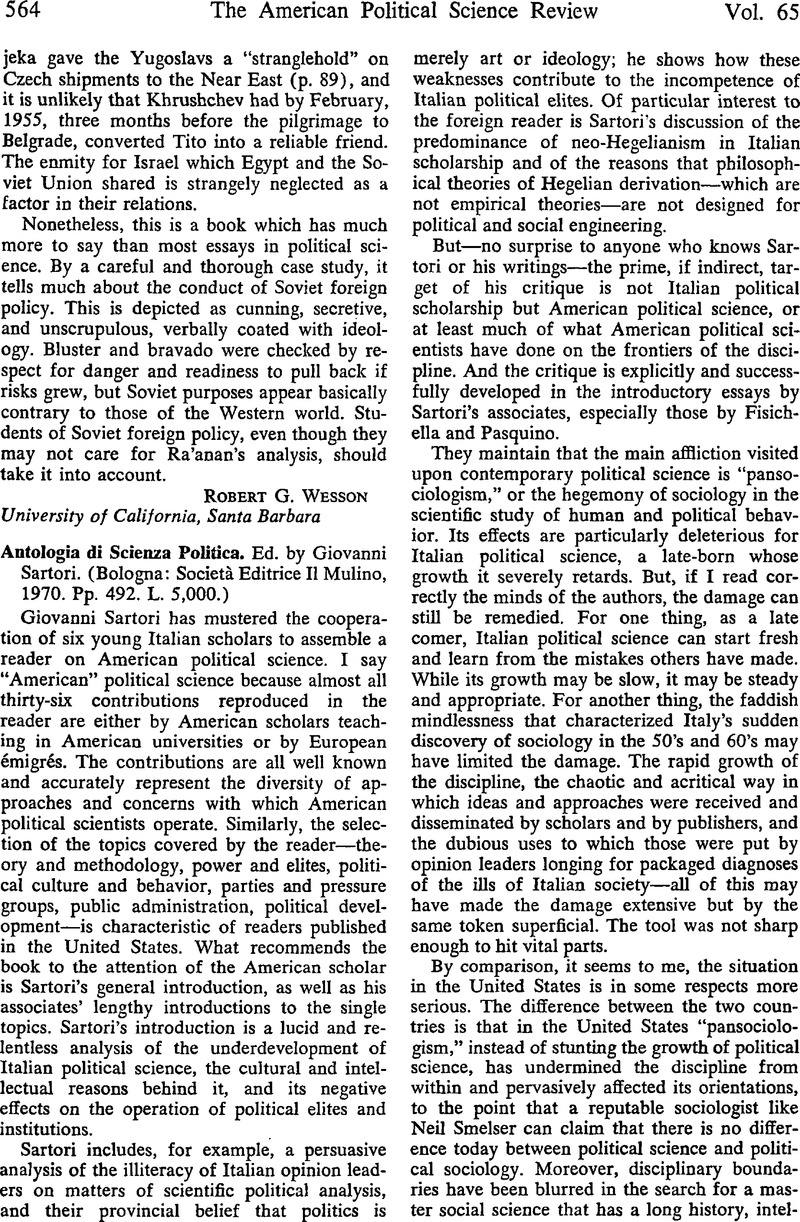 Antologia di Scienza Politica. Ed. by Giovanni Sartori. (Bologna: Società  Editrice Il Mulino, 1970. Pp. 492. L. 5,000.), American Political Science  Review