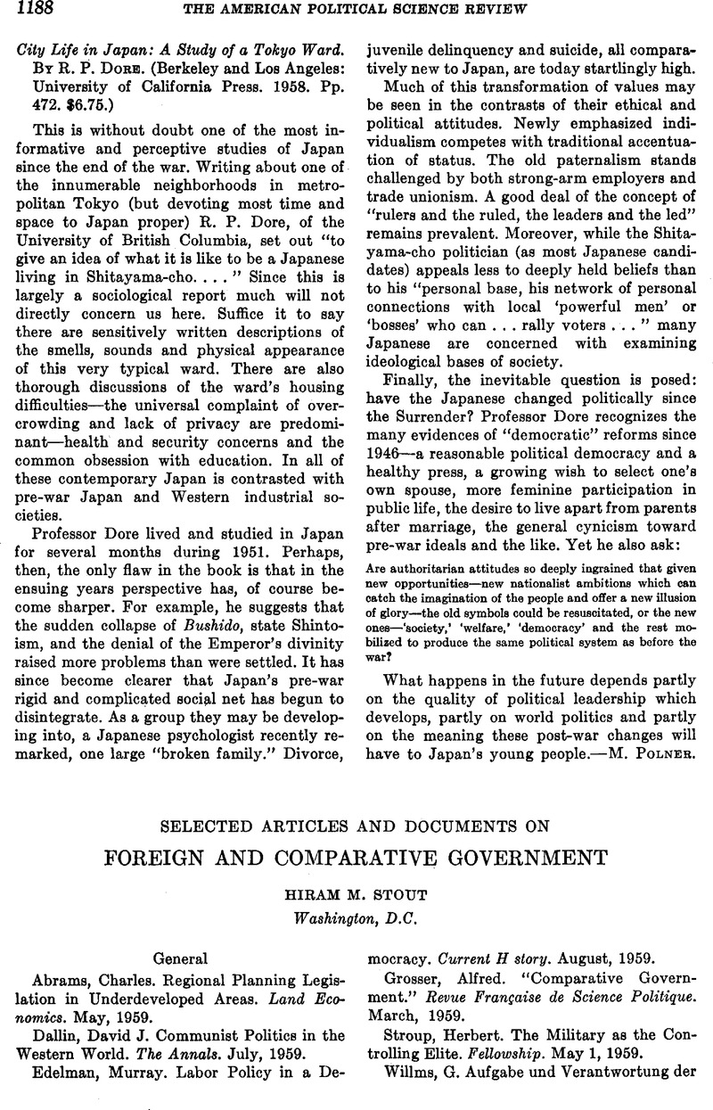 City Life In Japan A Study Of A Tokyo Ward By R P Dore Berkeley And Los Angeles University Of California Press 1958 Pp 472 6 75 American Political Science Review Cambridge Core